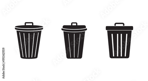 Three black trash cans with lids and handles in different orientations on white background