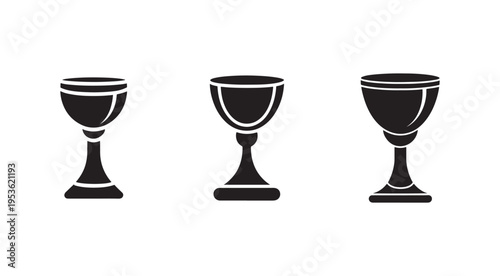 Three black trophy cups with white outlines on white background  isolated graphic elements for awards and competitions