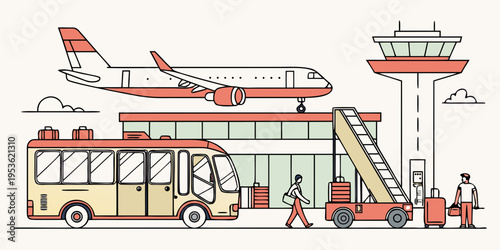 Airport scene with bus plane and people