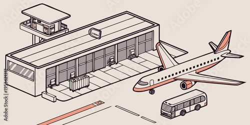 An airport terminal with a plane and a bus