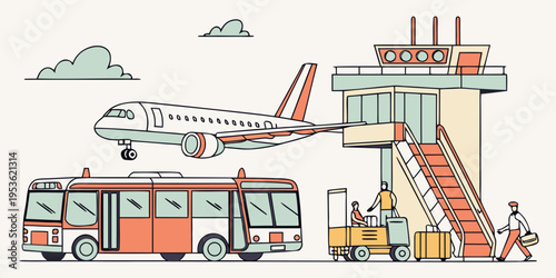 Airplane boarding with luggage cart and bus at airport gate