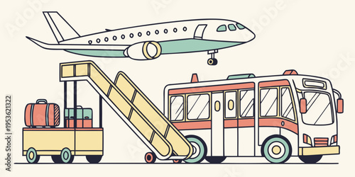 Airport bus with luggage cart and airplane