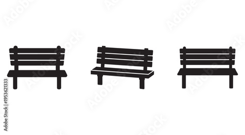 Three black wooden benches in different angles for outdoor seating furniture design  isolated on white background