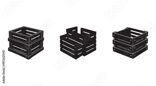 Three black wooden crates with slats and metal bolts on white background  stacked boxes for storage and transportation