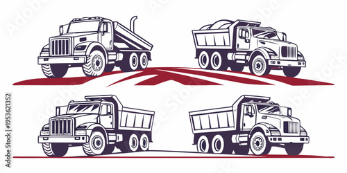 Four different dump trucks on a road