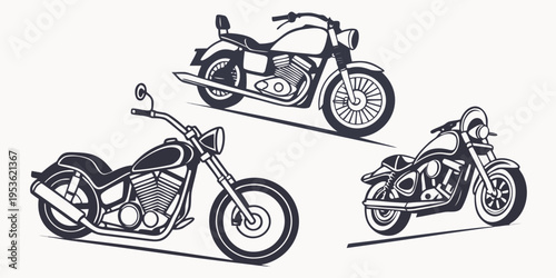 Three black and white drawings of different motorcycles