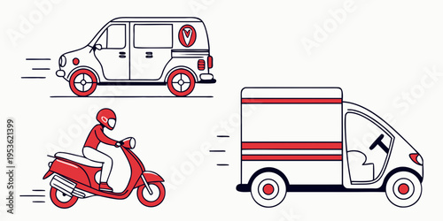 Delivery vehicles including a van a delivery truck and a motor scooter