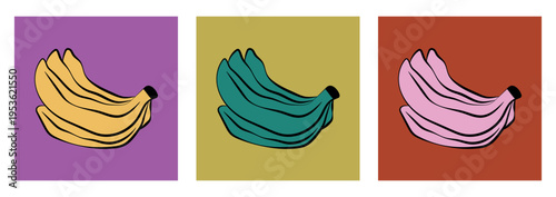 Pop Art Banana Trio Vector Illustration on Color Blocks. Vibrant pop art vector illustration depicting three banana bunches in yellow, green, and pink against contrasting color blocks. 