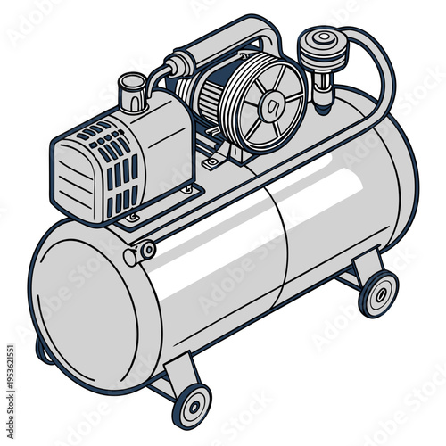 A large air compressor with wheels and a motor