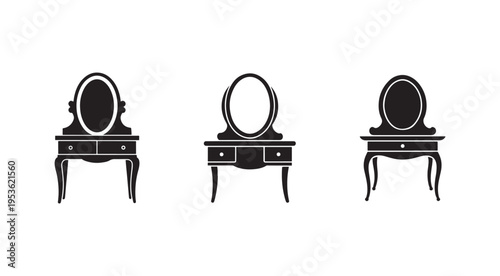 Three different designs of antique vanity tables with oval mirrors on top  classic furniture for home and bedroom decoration