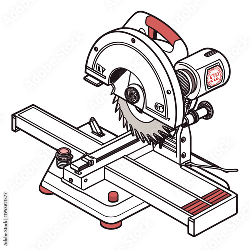 A miter saw with a red handle and base