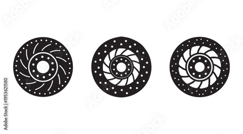 Three different designs of brake discs for vehicles  various patterns and hole configurations  used for automotive applications  essential car parts  closeup view
