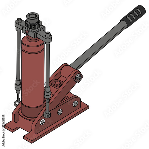 A red hydraulic car jack with a long handle