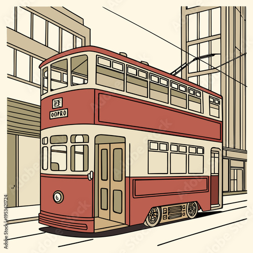 A red and white double decker bus on a city street