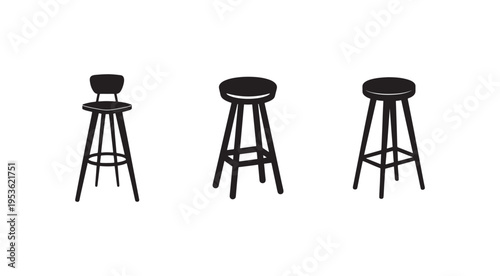 Three different types of bar stools with backrest and without backrest in solid black color on white background for furniture design and interior decoration concepts