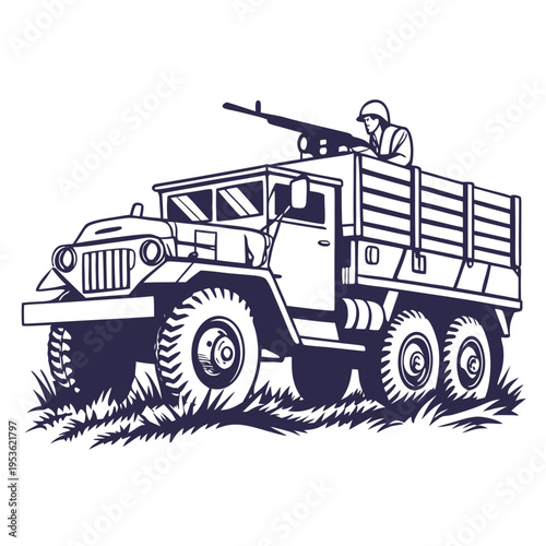 A large military truck with a gun on top