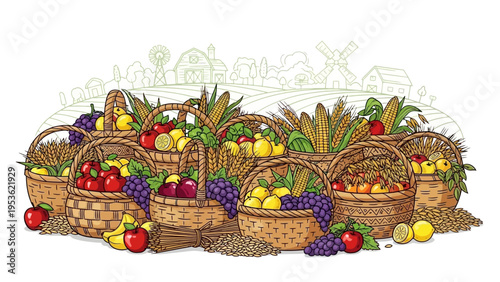 Assorted Fruits and Vegetables in Baskets.