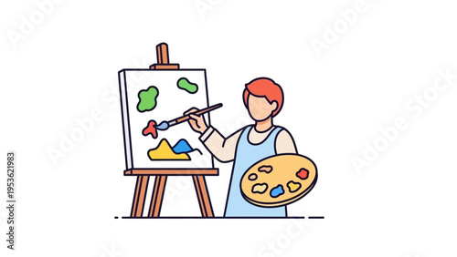 Artist Painting on Canvas with Palette.