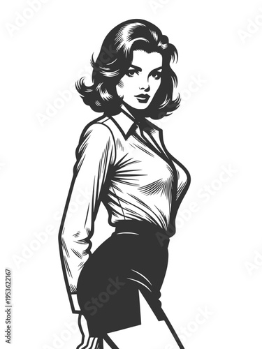 stylish woman in blouse and skirt, confidence, professionalism, fashion, and modern female empowerment sketch engraving generative ai vector illustration. Scratch board imitation. Black and white.