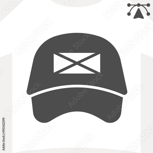 Baseball cap with banner solid icon, business souvenir concept. Vector graphics. Hat with space for picture sign and editable stroke, glyph style icon for mobile or web design.