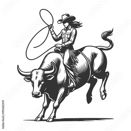 cowgirl riding a bucking bull while swinging a lasso, rodeo sport, western lifestyle, and action sketch engraving generative ai vector illustration. Scratch board imitation. Black and white image.