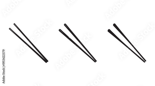 Three pairs of black chopsticks on white background for asian food eating utensils