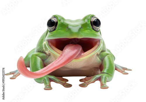 A cartoon green frog with its tongue out isolated on transparent background