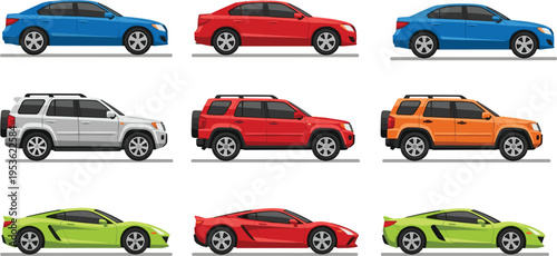 "Cartoon illustration of nine colorful cars including sedans, SUVs, and sports vehicles arranged in grid showcasing automotive diversity, transport design, and creative artwork"