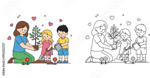 Mother and Children Planting a Tree for Earth Day with Hearts - Colorful and Line Art Versions