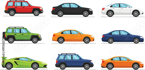 "Cartoon illustration of nine colorful cars including SUVs, sedans, and sports models arranged in grid showcasing automotive diversity, design styles, and transport perspectives"
