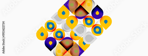 Abstract colorful squares, circles, overlapping shapes. Bright hues create dynamic visual pattern. Modern design element.