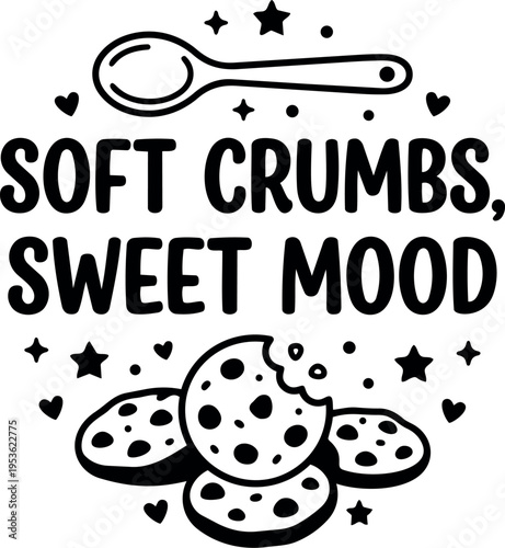 Black and white soft crumbs sweet mood lettering with spoon and cookies vector art