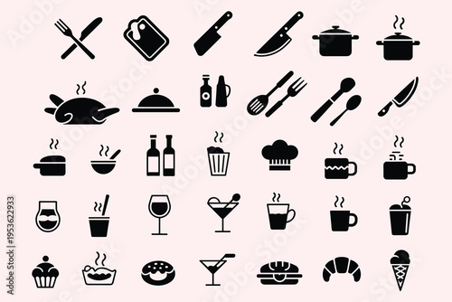 Collection of black food and kitchen utensil icons on a light pink background fork knife