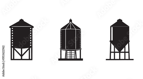 Water tower silhouettes with different designs and structures for industrial or agricultural use