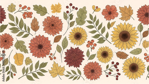 Vibrant flowers and leaves arranged in a beautiful seasonal pattern