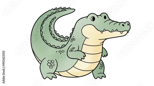 A cartoon crocodile stands on land with its tail raised high in a natural environment.