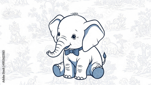 A cute elephant wearing a bow tie sits on a subtle patterned background.