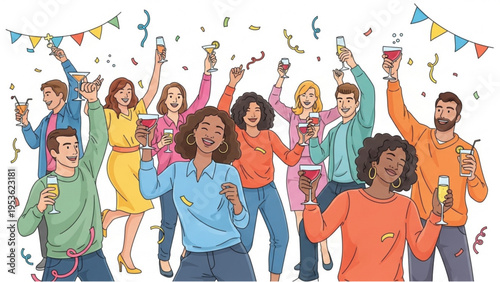 People celebrate with drinks and confetti at a lively party