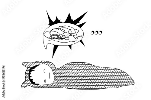 Image of depressed person, restless thoughts, anxiety. Person is lying and thinking lot, insomnia. Flat vector design. Black color.