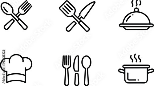 Collection of six simple black and white cooking and dining icons on a white background kitchen food