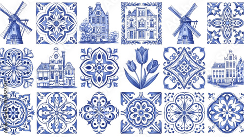 Dutch tiles showcase traditional windmills, houses, flowers, and patterns.