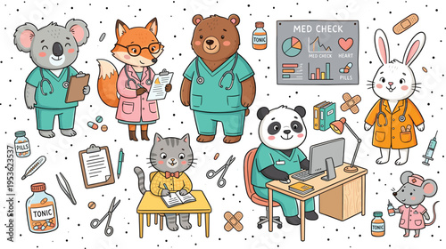 Cute cartoon animal medical clinic scene, veterinary doctors and nurses treating pets with healthcare tools, adorable animal hospital vector illustration
