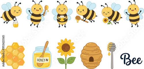 Cute cartoon bee honey elements set, adorable bees with honey jar dipper sunflower hive honeycomb vector illustration collection