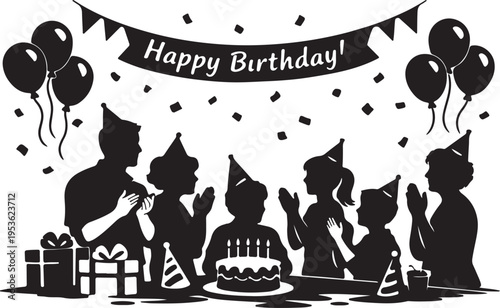 A black and white silhouette illustration of a family celebrating a joyous birthday party event