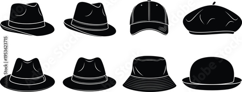 Black hats silhouette collection, classic and modern headwear set including fedora, cap, beret, bucket hat, fashion accessory illustration design