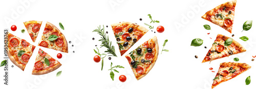 Delicious pizza slices with pepperoni, olives, and fresh herbs, some with ingredients flying, isolated on transparent.