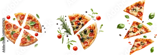 Panel kuchenny z motywem Delicious pizza slices with pepperoni, olives, and fresh herbs, some with ingredients flying, isolated on transparent.