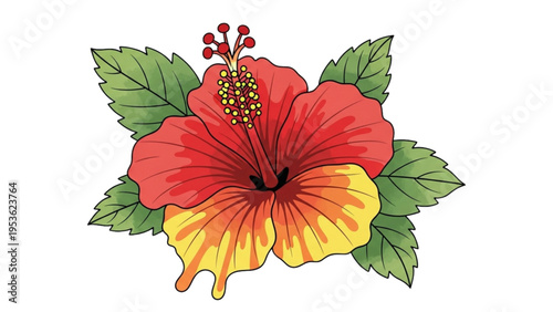 Vibrant hibiscus flower blooms in lush green leaves on a sunny day