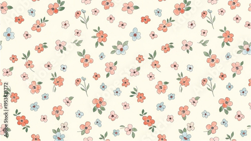 Vibrant floral pattern with pink, blue, and orange flowers on cream background