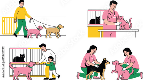 Veterinary clinic scenes with pets and doctors, pet care examination adoption and dog walking, modern flat vector illustration set